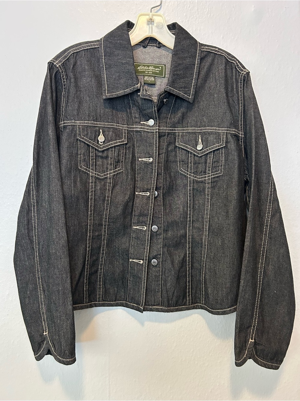 Eddie Bauer Black Denim Jacket with White Stitching - Picture 11 of 11